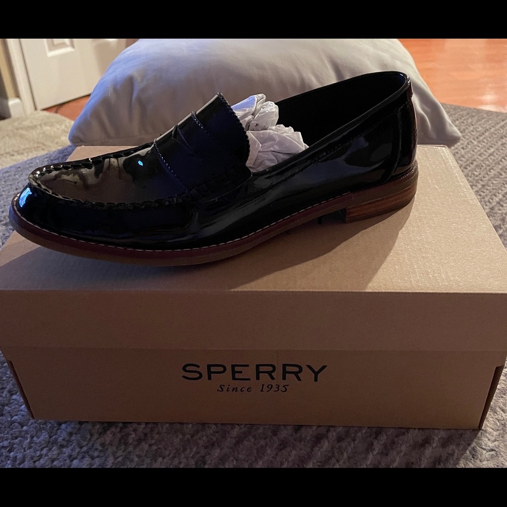 WOMENS SPERRY SEAPORT PENNY BLACK, SIZE 7.5